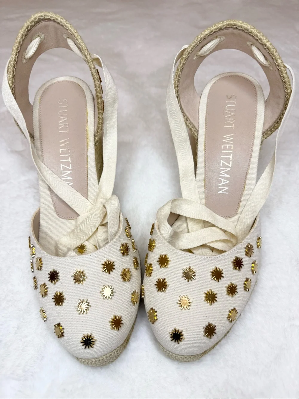 Stuart Weitzman Cream Espadrille Slingbacks with Gold Star Studs